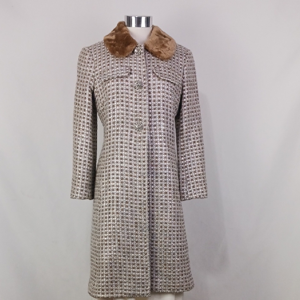 Trina Turk Silver Plaid W Faux Fur Collar 3/4 Jacket.